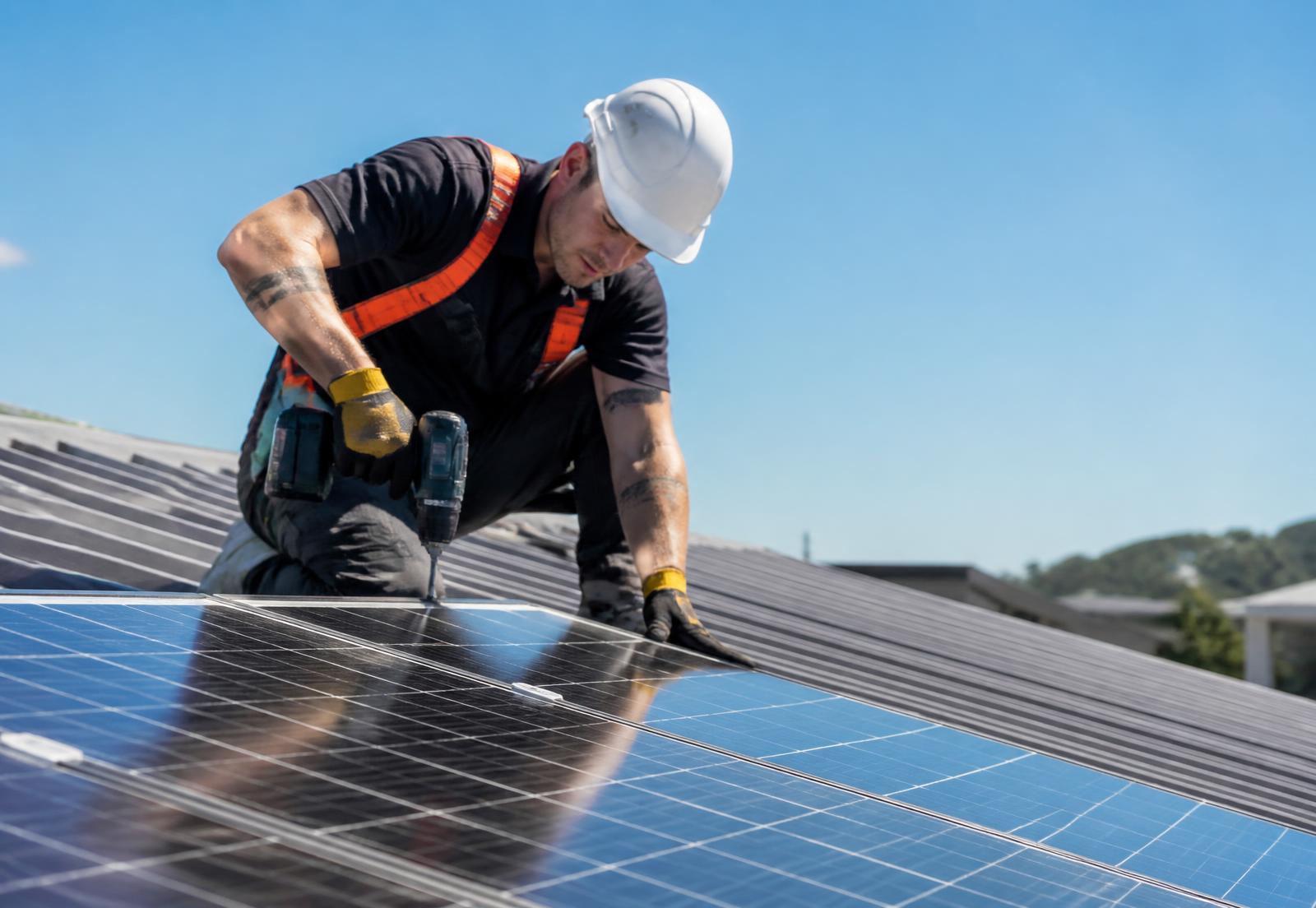 Solar technician installing a solar PV panel on a rooftop